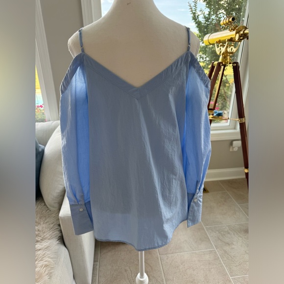 Lulus Work From Home Light Blue Poplin Button-Down Off-the-Shoulder Top Sz M - Picture 8 of 12
